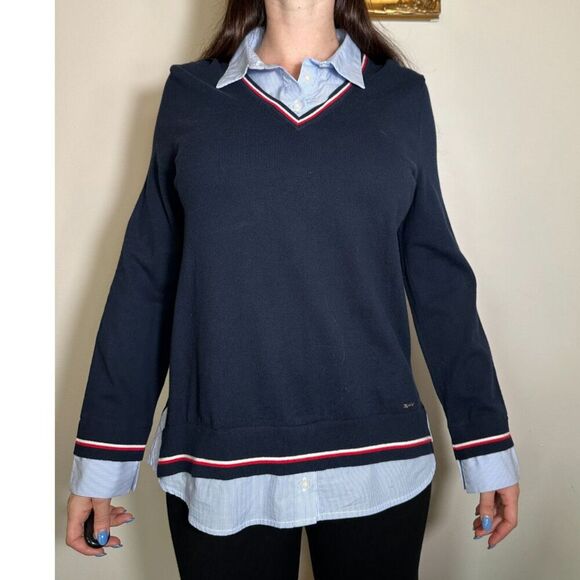 Tommy Hilfiger Blue Sweater V Neck with Collared Shirt Size Large - Picture 1 of 6